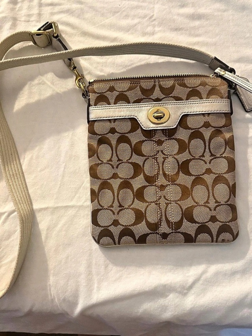 Coach Signature Stripe Swingpack Crossbody Bag Brown & Beige